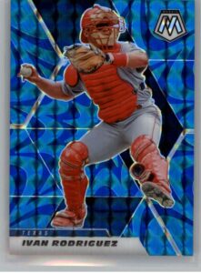 2021 panini mosaic mosaic reactive blue #31 ivan rodriguez texas rangers official mlb pa baseball card in raw (nm or better) condition