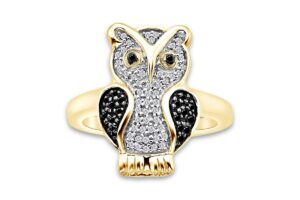 affy 1/4 carat round cut black and white natural diamond owl ring in 14k yellow gold over sterling silver (0.25 cttw, i2-i3 clarity) ring size-8