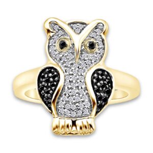 AFFY 1/4 Carat Round Cut Black And White Natural Diamond Owl Ring In 14K Yellow Gold Over Sterling Silver (0.25 Cttw, I2-I3 Clarity) Ring Size-8