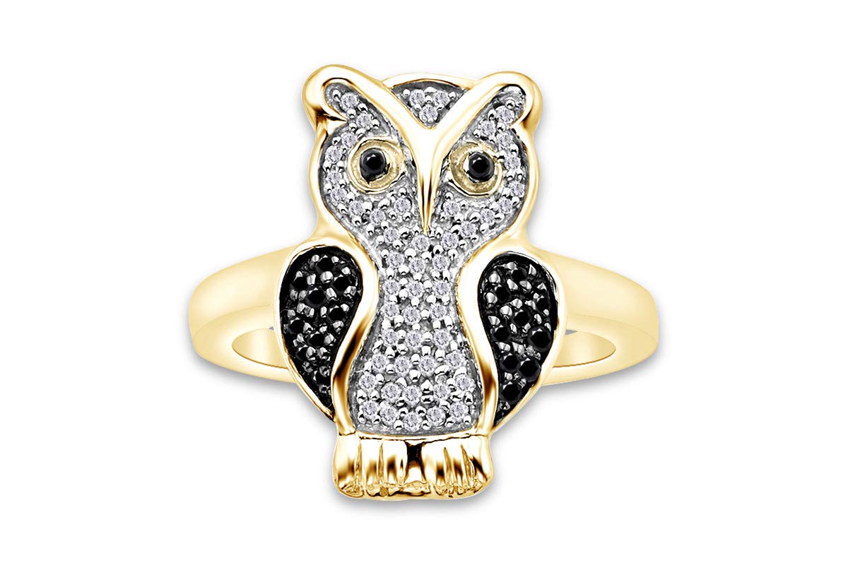 AFFY 1/4 Carat Round Cut Black And White Natural Diamond Owl Ring In 14K Yellow Gold Over Sterling Silver (0.25 Cttw, I2-I3 Clarity) Ring Size-8