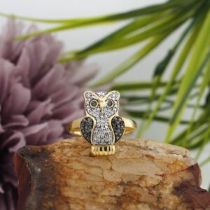 AFFY 1/4 Carat Round Cut Black And White Natural Diamond Owl Ring In 14K Yellow Gold Over Sterling Silver (0.25 Cttw, I2-I3 Clarity) Ring Size-8