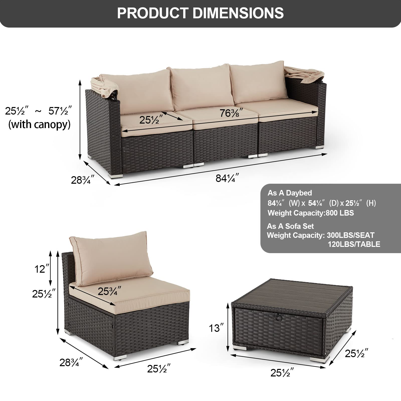 Vicluke 6 Pieces Patio Furniture Sets Outdoor Sectional Sofa Set Rattan Daybed with Retractable Canopy, Adjustable Backrest, Storable Tea Table Rectangle Sunbed for Backyard Garden Poolside(Khaki)