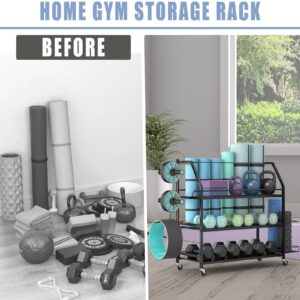 Staransun Yoga Mat Storage Rack, Home Gym Workout Accessories Organizer, Sporting Goods Storage with Baskets and Hooks, Yoga Mats, Dumbbell, Resistant Band, and other Workout Equipment Holder