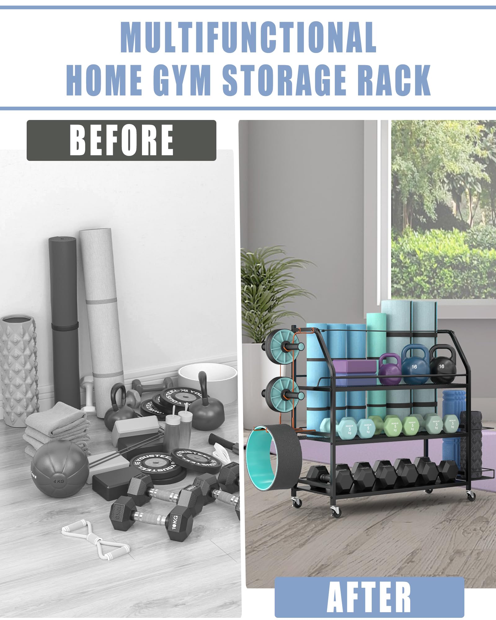 Staransun Yoga Mat Storage Rack, Home Gym Workout Accessories Organizer, Sporting Goods Storage with Baskets and Hooks, Yoga Mats, Dumbbell, Resistant Band, and other Workout Equipment Holder