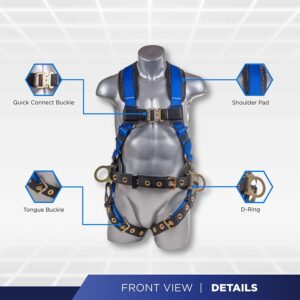 Palmer Safety Hammerhead 5pt Safety Harness 6' Safety Lanyard, D-Ring Extender Combo Kit 4 I OSHA ANSI Industrial Roofing Tool Personal Equipment (Blue - LG)