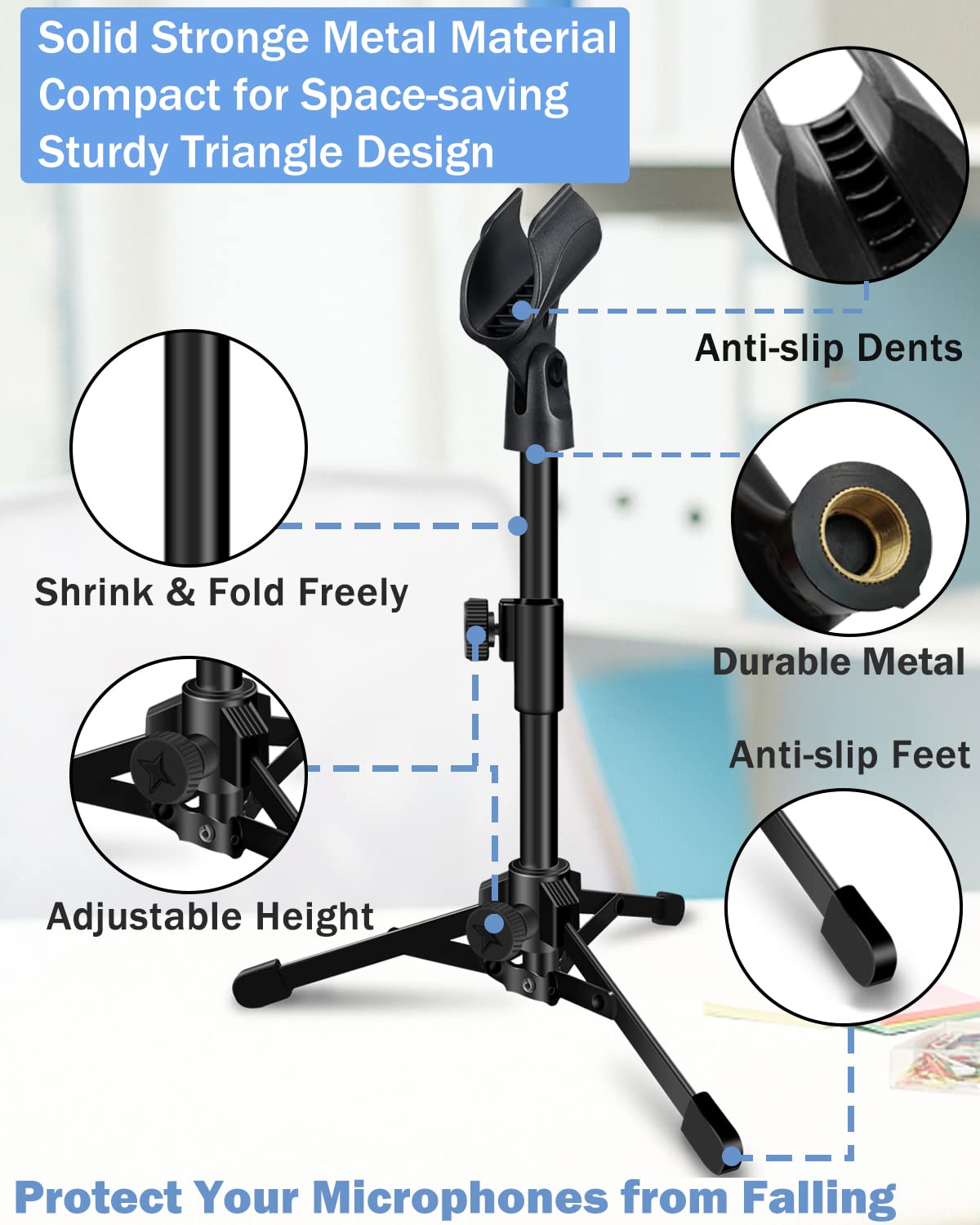 Mictop 2 Pack Desktop Mic Stand, Portable Foldable Tripod with Mic Clip Holder, Adjustable Microphone Stand For Dynamic Microphone.