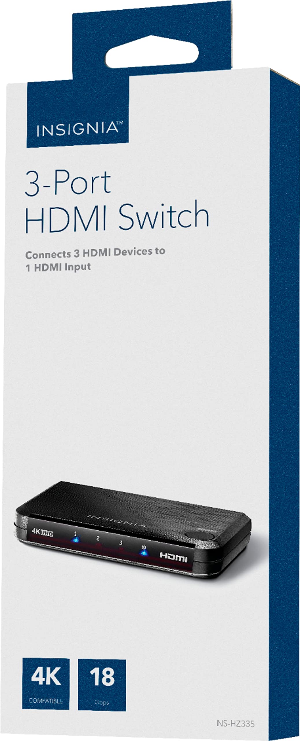 Insignia™ - 3-Port HDMI Switch with 4K and HDR Pass-Through - Black