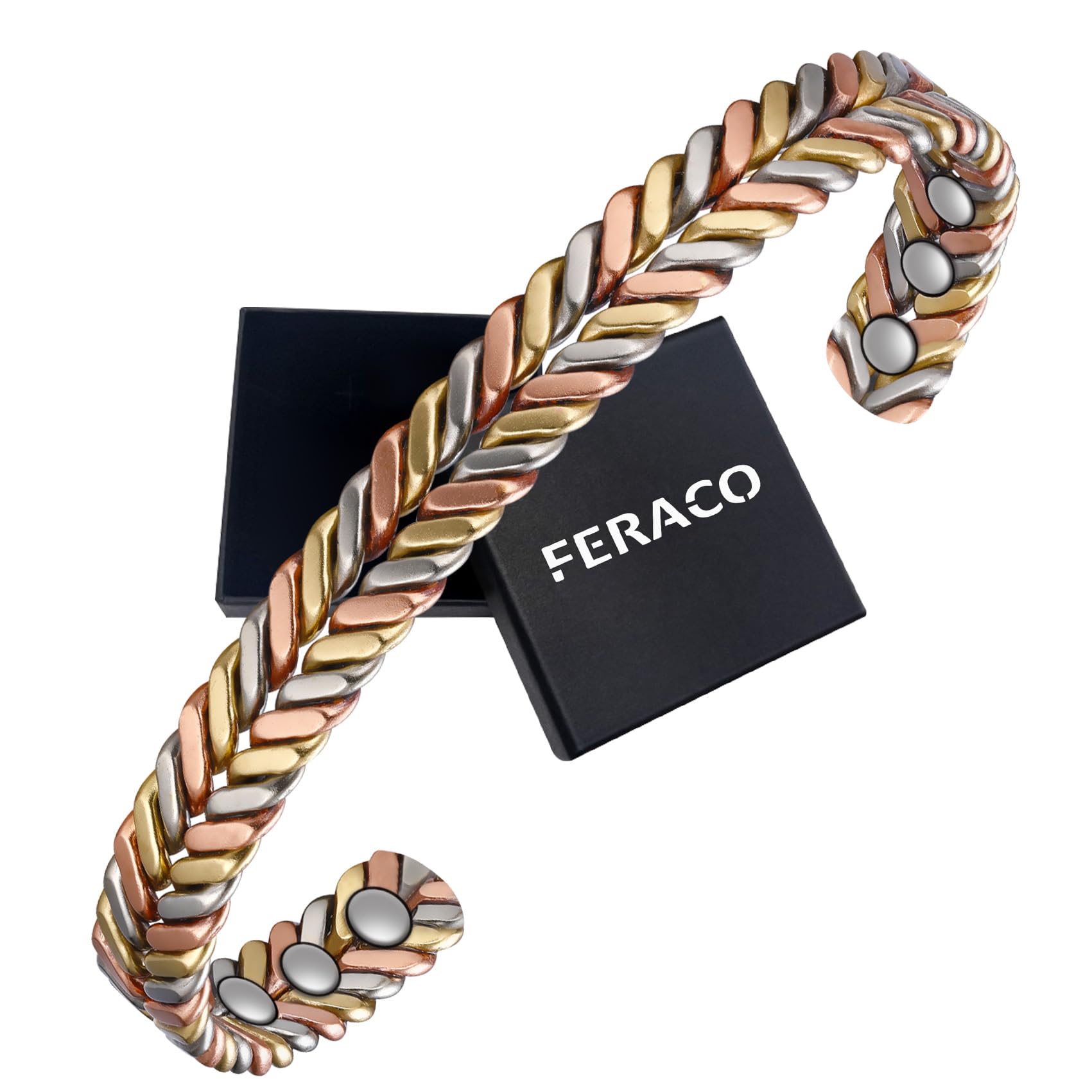 Feraco Pure Copper Bracelet for Women, Ultra Strength Magnetic Cuff Bangle with Neodymium Magnets, 99.99% Copper Jewelry Gift, Tricolor Braided