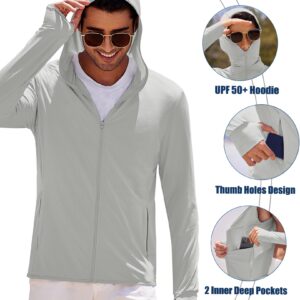 COOFANDY Men's Hoodie Long Sleeve Zip Front Shirts SPF UV Thumbholes Comfortable Jacket with Zipper Pockets Light Gray