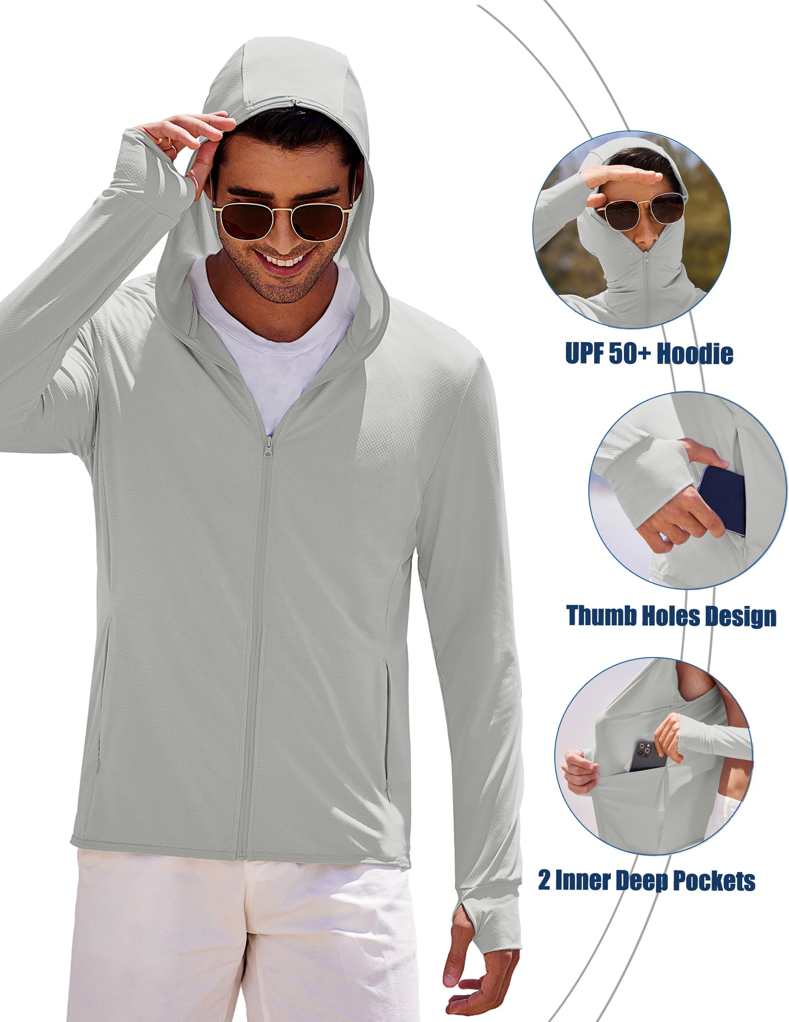 COOFANDY Men's Hoodie Long Sleeve Zip Front Shirts SPF UV Thumbholes Comfortable Jacket with Zipper Pockets Light Gray