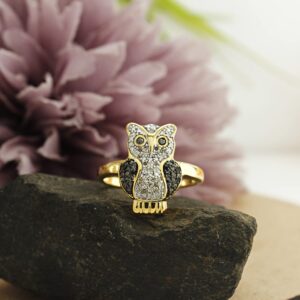 AFFY 1/4 Carat Round Cut Black And White Natural Diamond Owl Ring In 14K Yellow Gold Over Sterling Silver (0.25 Cttw, I2-I3 Clarity) Ring Size-8