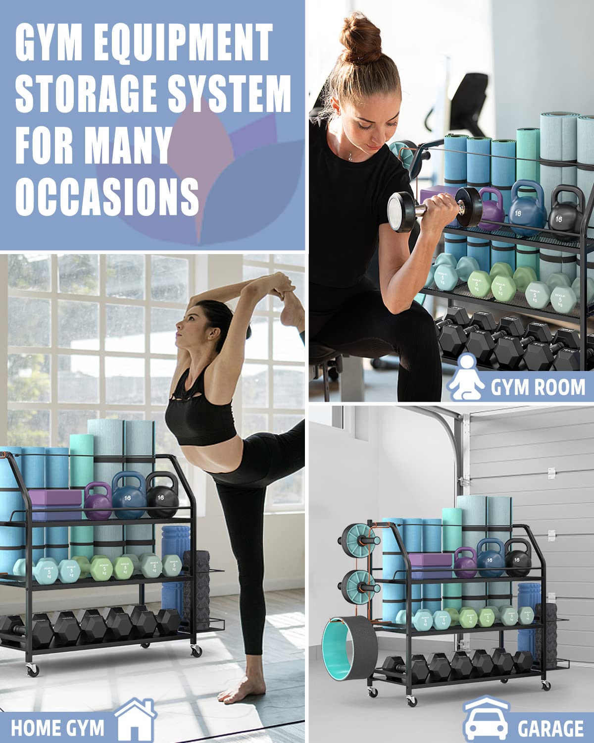 Staransun Yoga Mat Storage Rack, Home Gym Workout Accessories Organizer, Sporting Goods Storage with Baskets and Hooks, Yoga Mats, Dumbbell, Resistant Band, and other Workout Equipment Holder