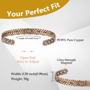 Feraco Pure Copper Bracelet for Women, Ultra Strength Magnetic Cuff Bangle with Neodymium Magnets, 99.99% Copper Jewelry Gift, Tricolor Braided