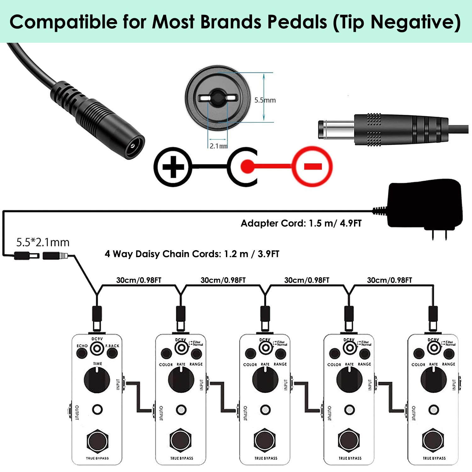 JOYO JF-18R Power Tune Tuner Pedal Bundle with DC 9V Daisy Chain Power Supply (800mA -1A) Adapter