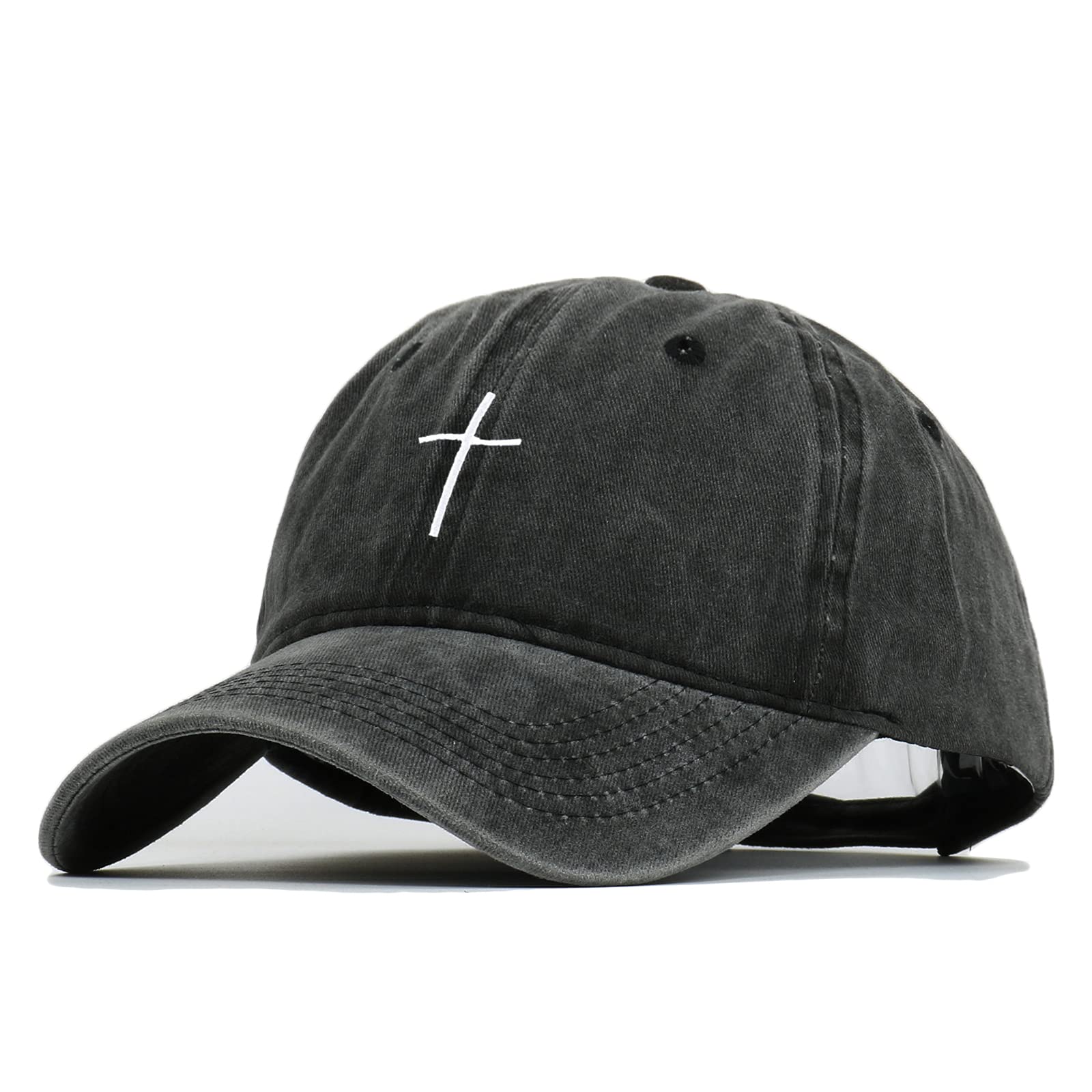 Cross Embroidery Baseball Cap,Adjustable Structured Dad Hat for Men Women Sun Hat(Black Washed)