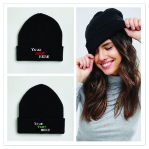 Custom Logo, Design Artwork Embroidered on Personalized Beanie, Embroidery Stitching Customized Beanie Black