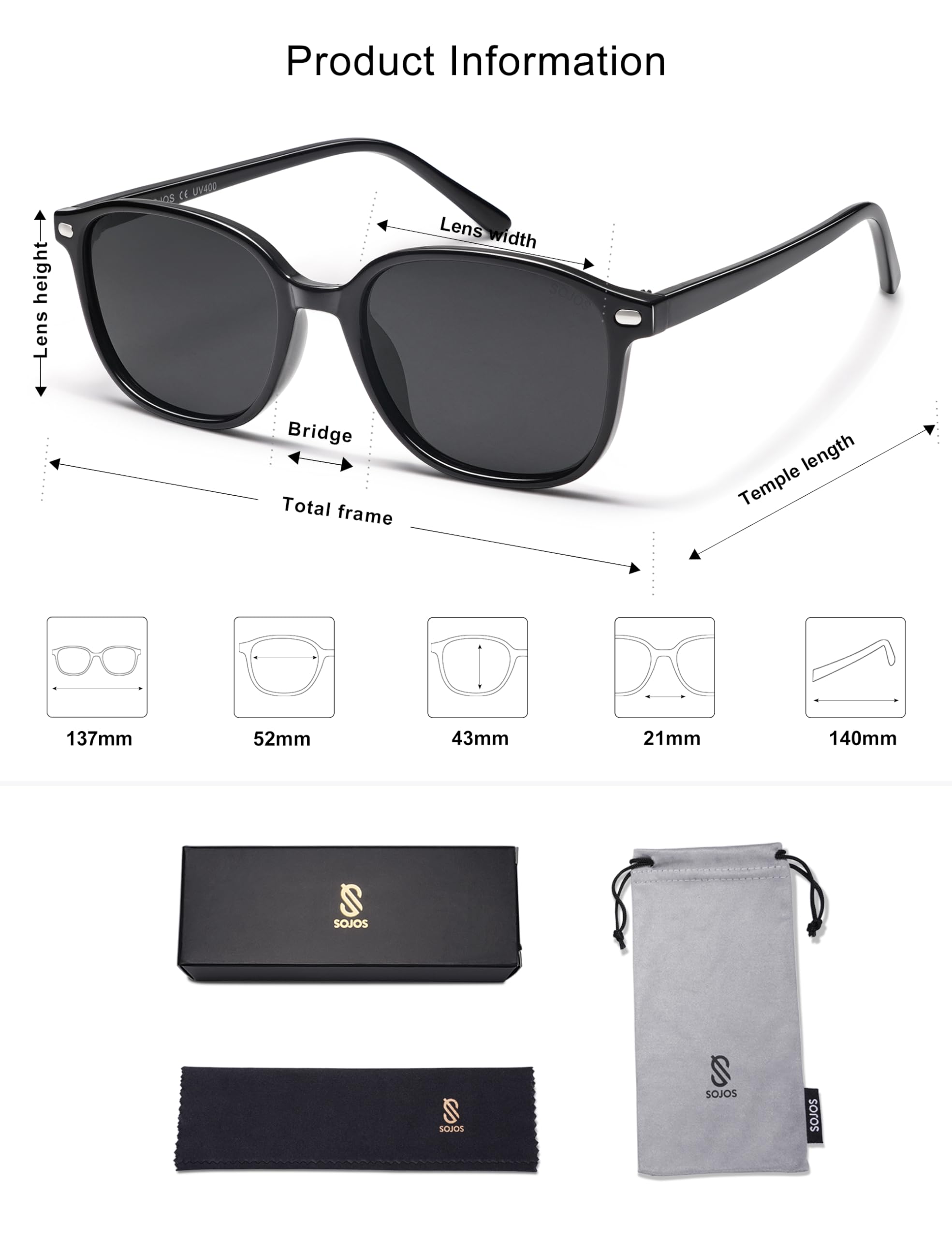 SOJOS Trendy Square Polarized Sunglasses for Women Men Classic Retro UV Protection Unisex Sunnies SJ2171 with Black Frame/Grey Lens