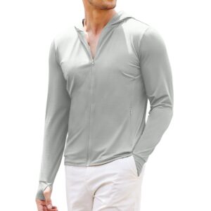 COOFANDY Men's Hoodie Long Sleeve Zip Front Shirts SPF UV Thumbholes Comfortable Jacket with Zipper Pockets Light Gray