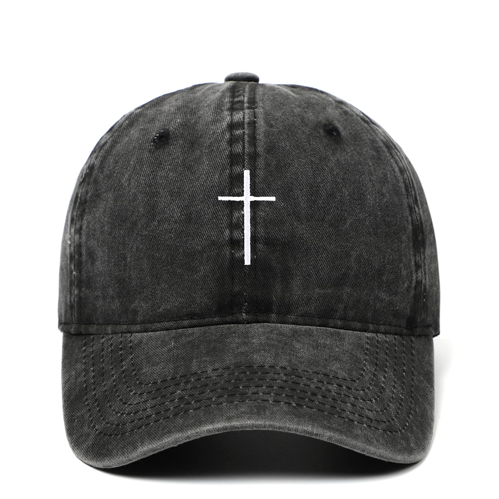 Cross Embroidery Baseball Cap,Adjustable Structured Dad Hat for Men Women Sun Hat(Black Washed)