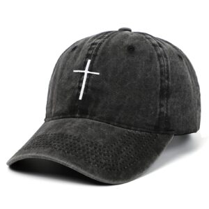 Cross Embroidery Baseball Cap,Adjustable Structured Dad Hat for Men Women Sun Hat(Black Washed)