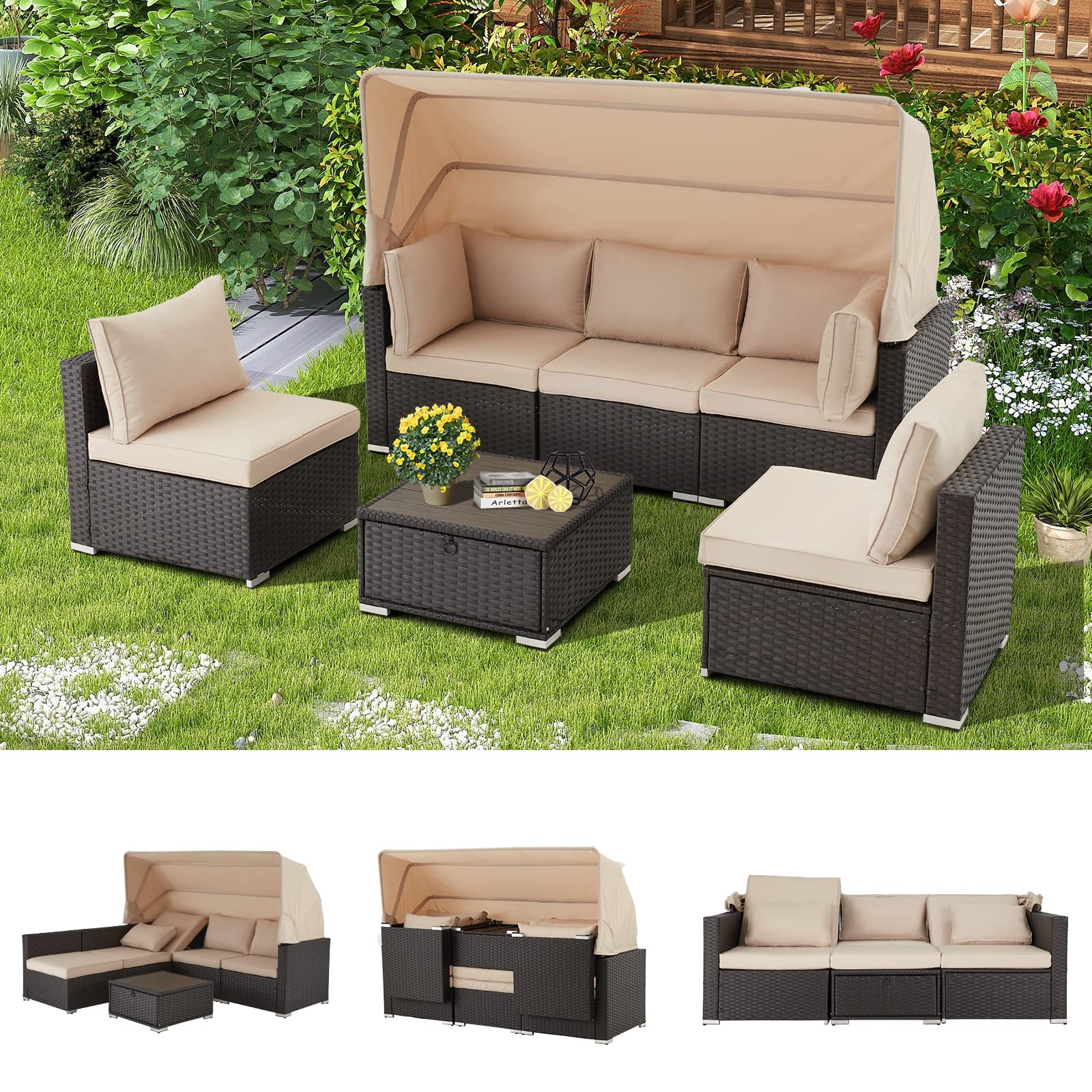 Vicluke 6 Pieces Patio Furniture Sets Outdoor Sectional Sofa Set Rattan Daybed with Retractable Canopy, Adjustable Backrest, Storable Tea Table Rectangle Sunbed for Backyard Garden Poolside(Khaki)