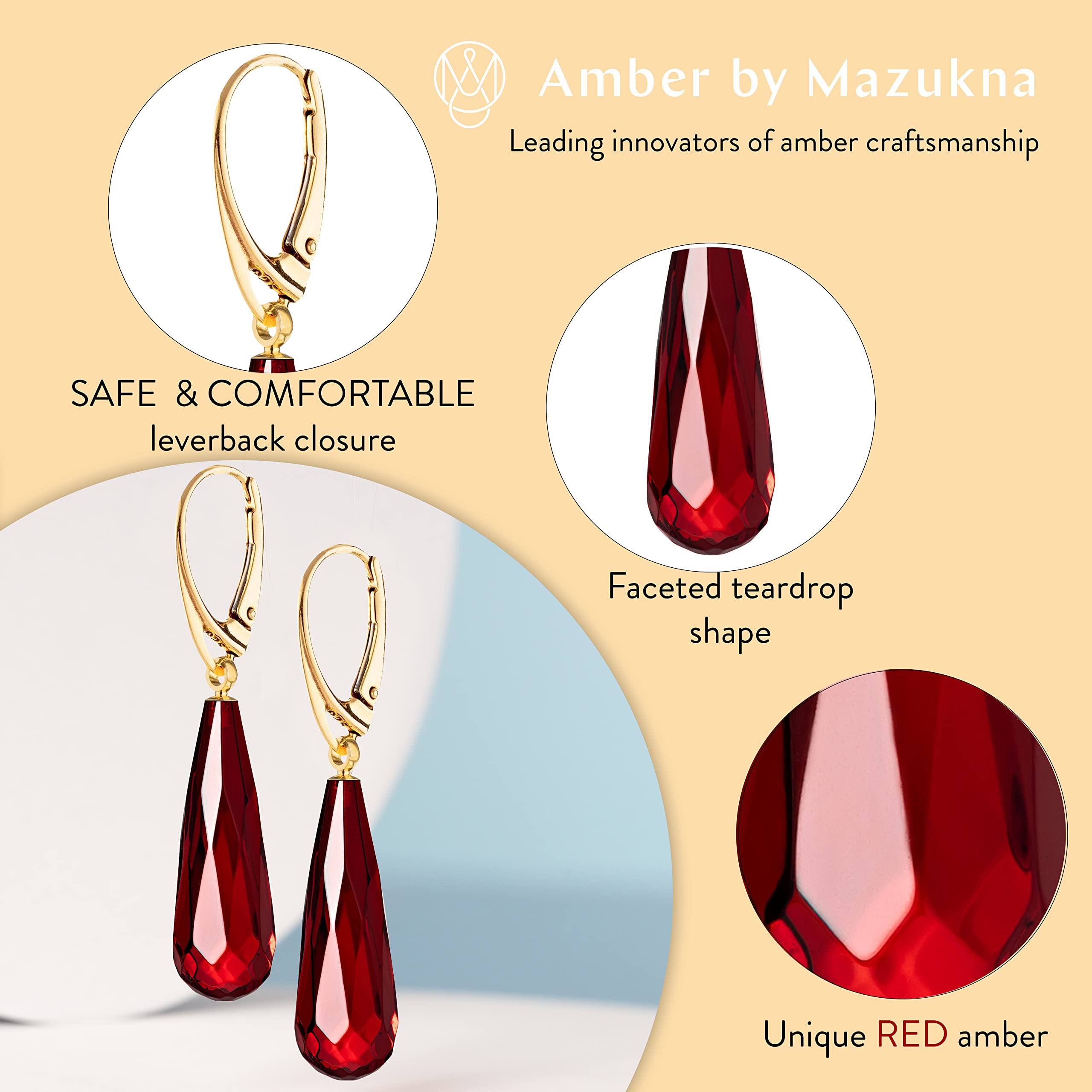 Amber by Mazukna - Red Amber Drop Earrings for Women - Statement Gemstone Jewelry, Gold Plated Sterling Silver Leverback, Dangle Semi Precious Stone Ladies Earrings, Elegant Gift for Her