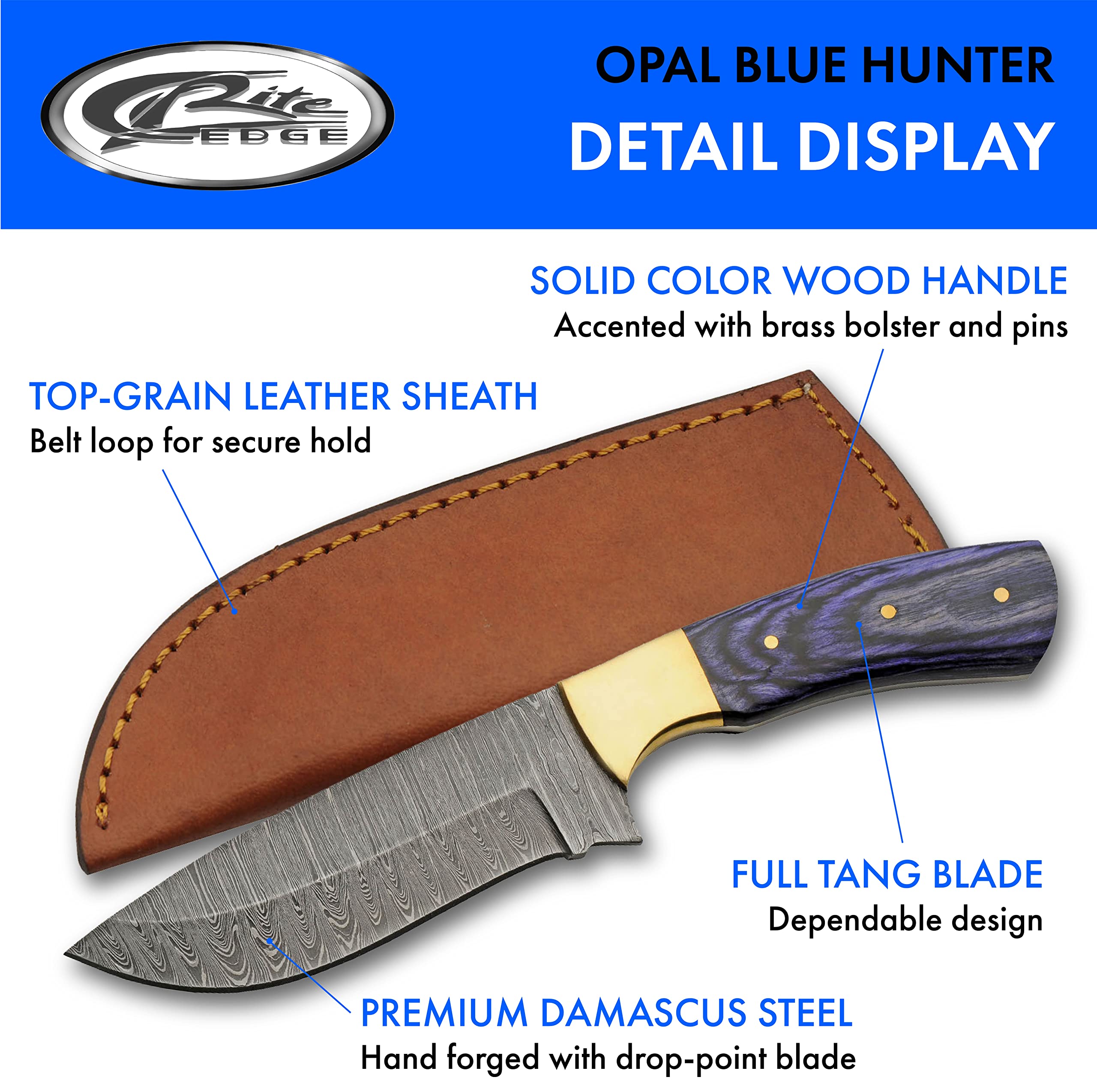 SZCO Supplies 9" Opal Blue Wood Handled Damascus Steel Drop Point Outdoor Hunting Knife With Sheath