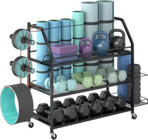 staransun yoga mat storage rack, home gym workout accessories organizer, sporting goods storage with baskets and hooks, yoga mats, dumbbell, resistant band, and other workout equipment holder