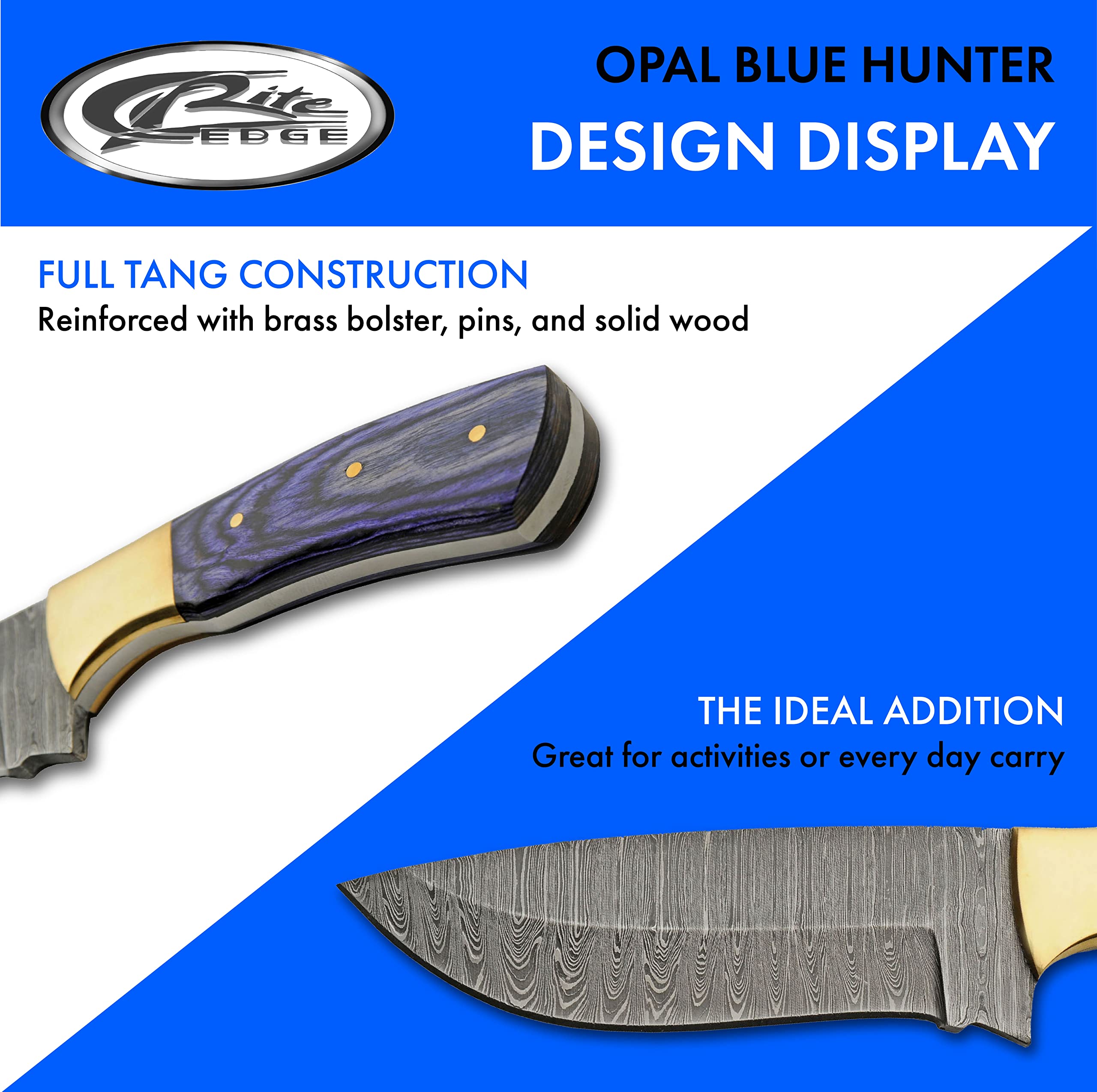 SZCO Supplies 9" Opal Blue Wood Handled Damascus Steel Drop Point Outdoor Hunting Knife With Sheath