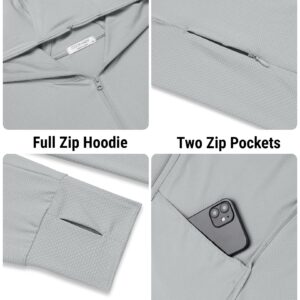 COOFANDY Men's Hoodie Long Sleeve Zip Front Shirts SPF UV Thumbholes Comfortable Jacket with Zipper Pockets Light Gray