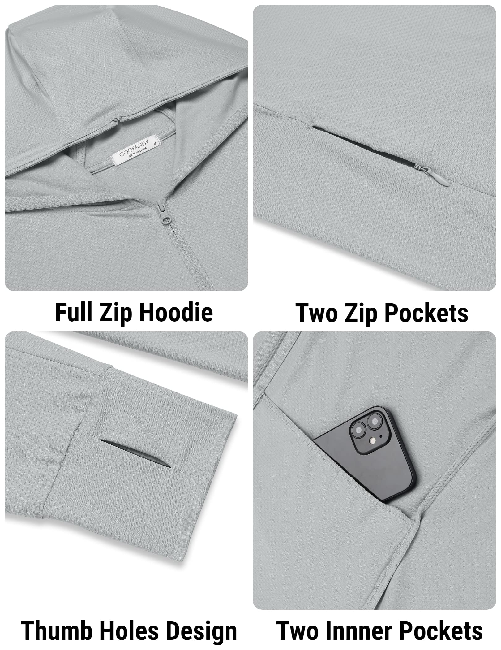 COOFANDY Men's Hoodie Long Sleeve Zip Front Shirts SPF UV Thumbholes Comfortable Jacket with Zipper Pockets Light Gray