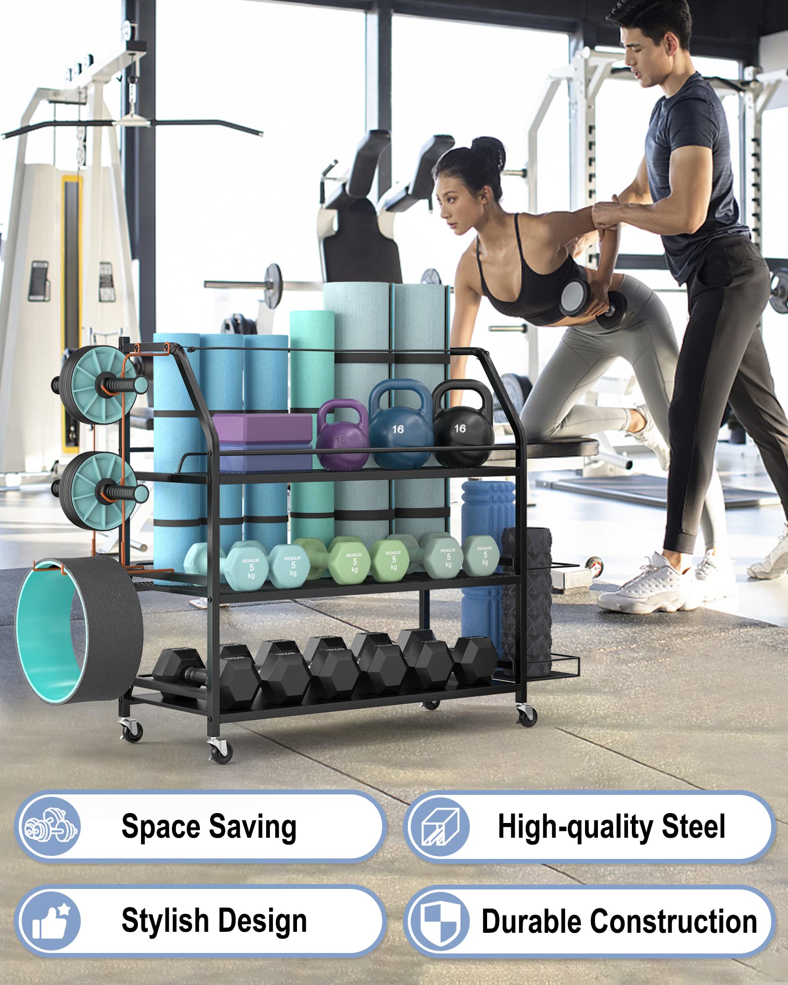 Staransun Yoga Mat Storage Rack, Home Gym Workout Accessories Organizer, Sporting Goods Storage with Baskets and Hooks, Yoga Mats, Dumbbell, Resistant Band, and other Workout Equipment Holder