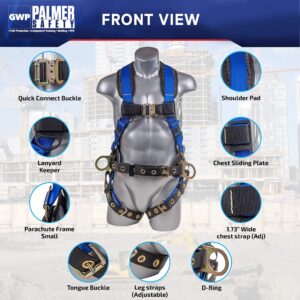 Palmer Safety Hammerhead 5pt Safety Harness 6' Safety Lanyard, D-Ring Extender Combo Kit 4 I OSHA ANSI Industrial Roofing Tool Personal Equipment (Blue - LG)