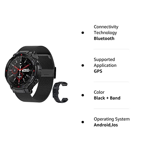 Military Smart Watch for Men Outdoor Tactical Smartwatch, ip67 Waterproof, Bluetooth Dail Calls Speaker 1.3" HD Touch Screen Tracker Heart Rate Monitor Sleep (Black + Band)