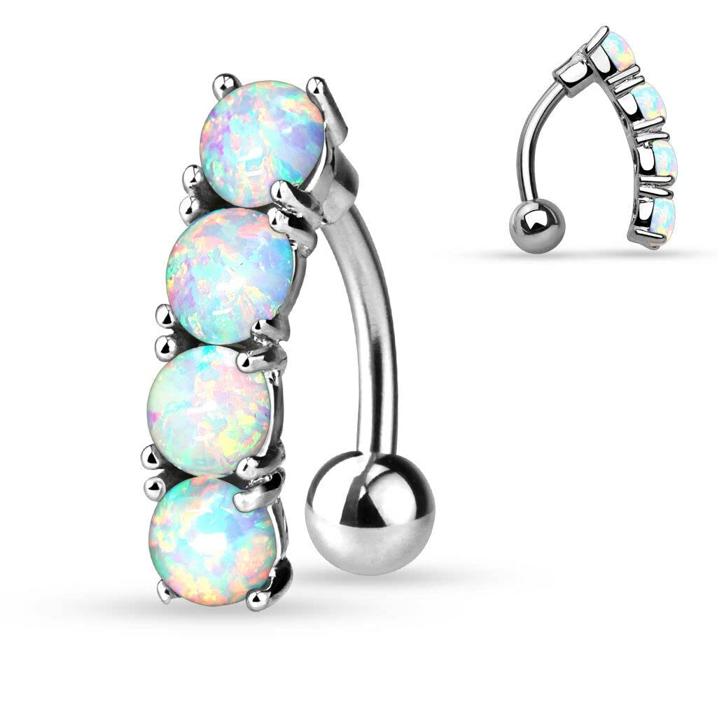 Vertical Drop Top Down Opal Set Surgical Steel Navel Belly Button Ring 14G 3/8" - White