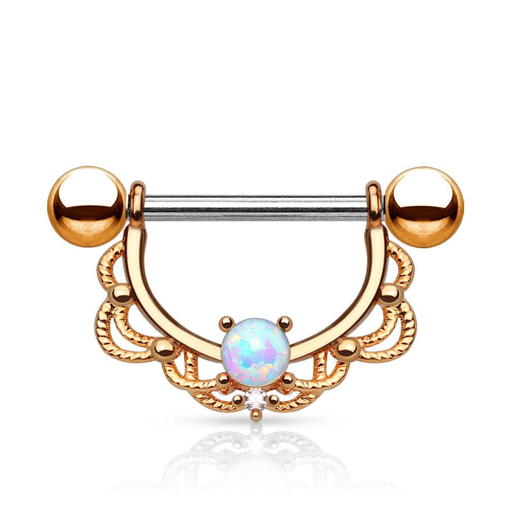 Pair of Opal Fligree 14K Gold Plated Surgical Steel Nipple Rings Barbells 16G - Rose Gold