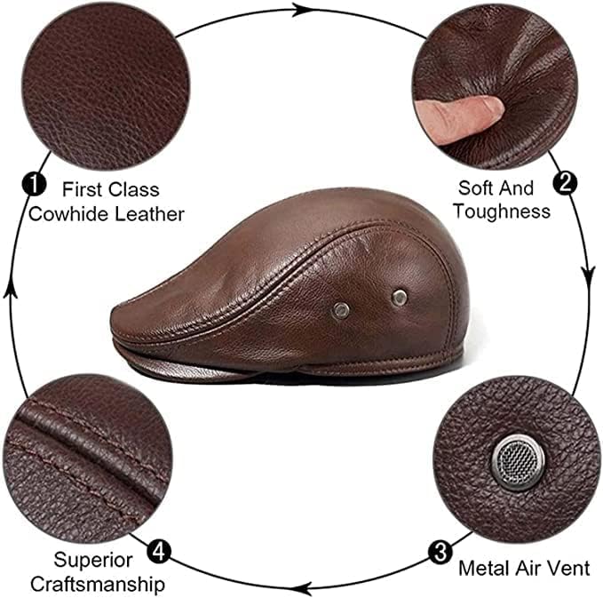 HAEAUL Men's Adjustable Leather Newsboy Hat Beret Hat Driving Hunting Fishing Hat Genuine Leather Ivy Cap Fashion Beret Hat Flat Cap. (Brown)