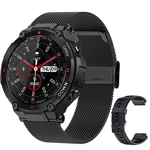 Military Smart Watch for Men Outdoor Tactical Smartwatch, ip67 Waterproof, Bluetooth Dail Calls Speaker 1.3" HD Touch Screen Tracker Heart Rate Monitor Sleep (Black + Band)