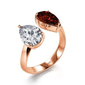 Jeulia Two Stone Open Rings for Women Sterling Silver Pear Cut Birthstone Rose Gold Garnet Red Diamond Ring Band Hypoallergenic Dainty Engagement Wedding Jewelry Bridal Set with Gift Box (Red Open Ring, 7)