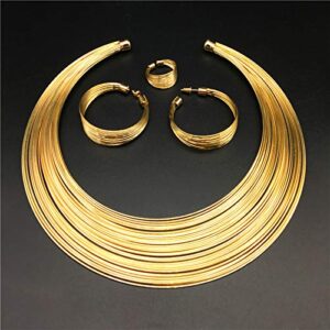 deladola African Choker Necklace Sets Multi-Layer Hoop Gold Plated Bib Choker Earring Bracelet Ring Statement Necklaces for Women (Gold)