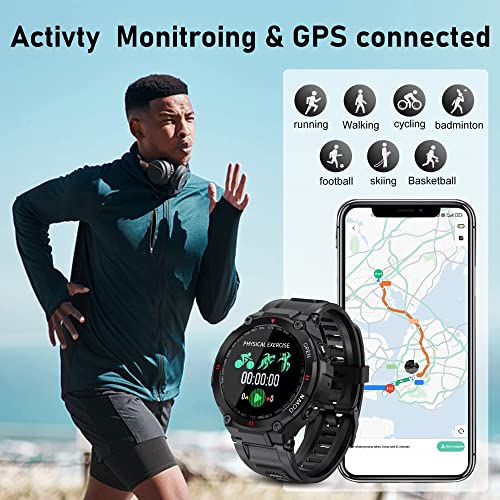 Military Smart Watch for Men Outdoor Tactical Smartwatch, ip67 Waterproof, Bluetooth Dail Calls Speaker 1.3" HD Touch Screen Tracker Heart Rate Monitor Sleep (Black + Band)