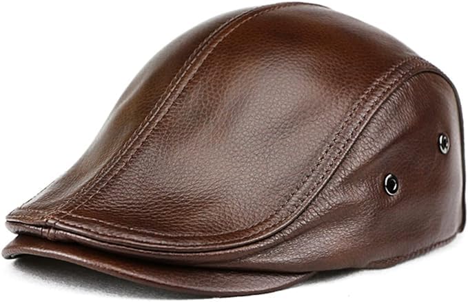 HAEAUL Men's Adjustable Leather Newsboy Hat Beret Hat Driving Hunting Fishing Hat Genuine Leather Ivy Cap Fashion Beret Hat Flat Cap. (Brown)