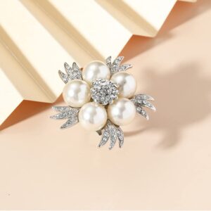 Korean Big Flower CZ Pearl Statement Wedding Rings for Women Girls Exquisite Summer Beach Holiday Party Bridal Adjustable Ring Love Jewelry Gift (A)