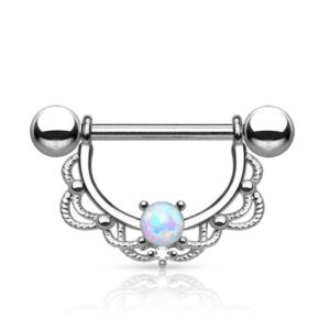 pair of opal fligree 14k gold plated surgical steel nipple rings barbells 16g - silver