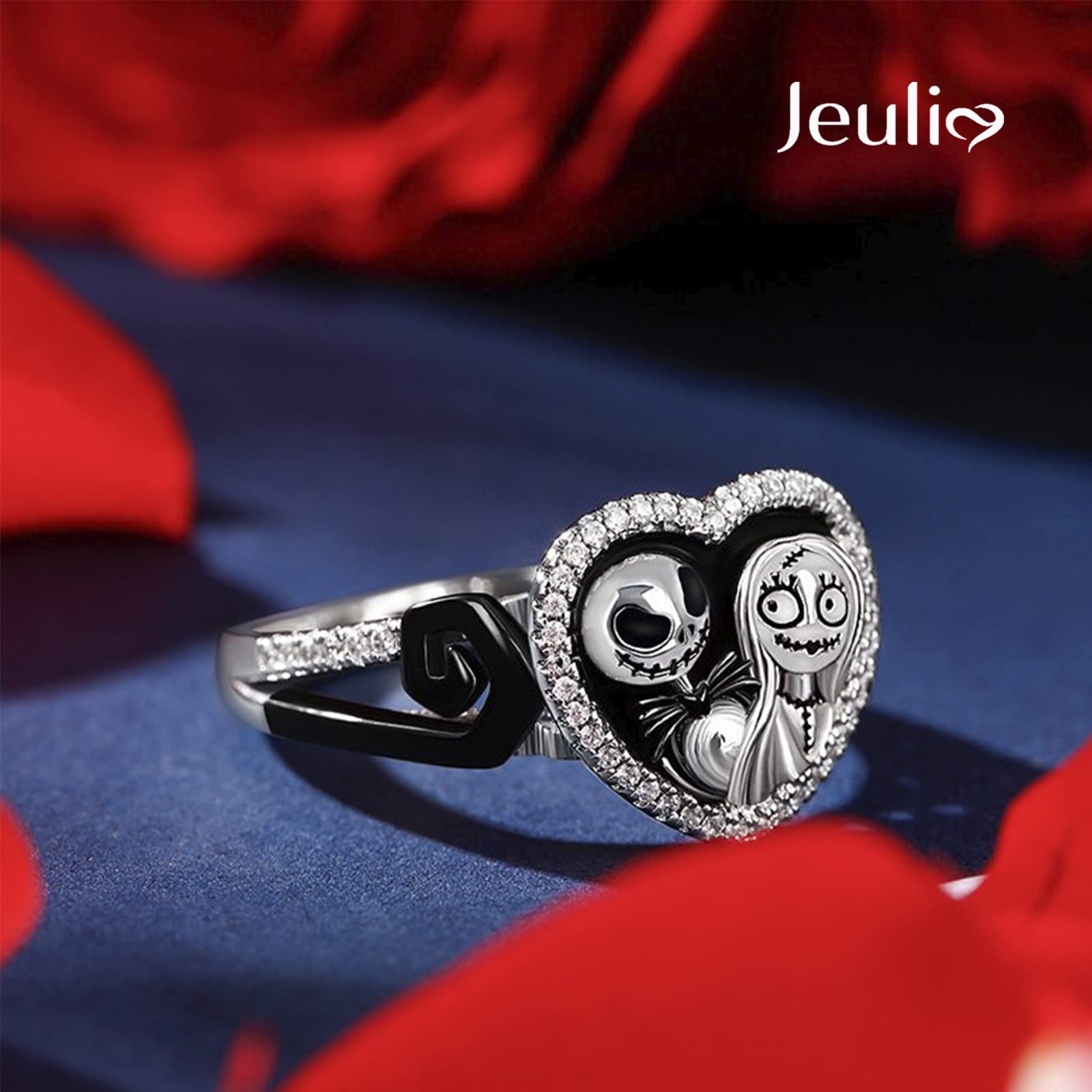 Jeulia Pumpkin King Skull Couple Round Cut Sterling Silver Ring Two Tone Halloween Mini Skull Band for Women Men Girlfriend Engagement Wedding Anniversary Valentine’s Day Birthday With Jewelry Box,