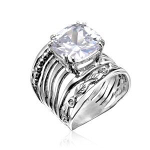 jean rachel jewelry 925 sterling silver ring with 12mm white cushion cubic zirconia prong hypoallergenic, nickel and lead-free, facet cut, artisan handcrafted designer collection, made in israel