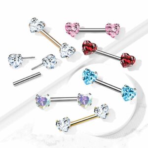 12mm Pair of Surgical Steel Threadless Push in Nipple Barbells with Prong Set Heart CZ - Clear