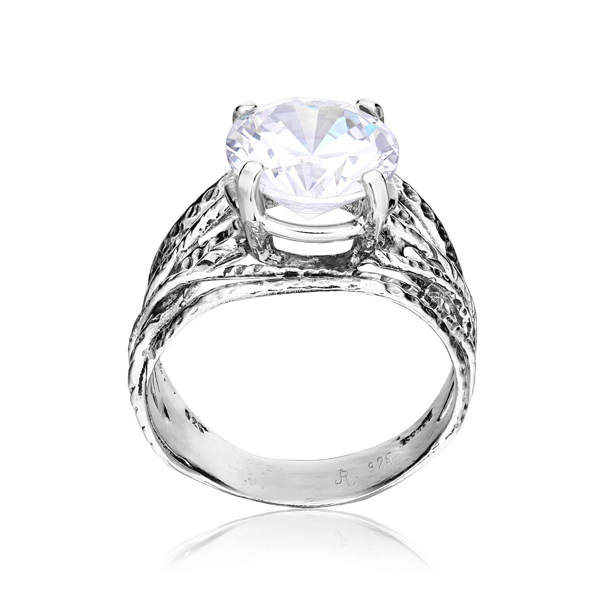 JEAN RACHEL JEWELRY 925 Sterling Silver Ring With A White Round Cubic Zirconia CZ Prong, Hypoallergenic, Nickel and Lead-free, Artisan Handcrafted Designer collection, Made In Israel