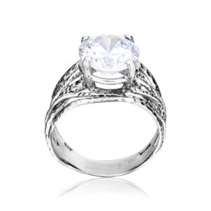 JEAN RACHEL JEWELRY 925 Sterling Silver Ring With A White Round Cubic Zirconia CZ Prong, Hypoallergenic, Nickel and Lead-free, Artisan Handcrafted Designer collection, Made In Israel