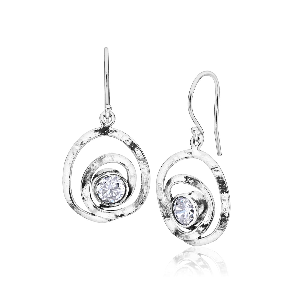 925 Sterling Silver Dangle Drop Earrings Free Form With 2 White Round Cubic Zirconia, Antique finish, Hypoallergenic, Nickel and Lead-free, French Wire Earring Back